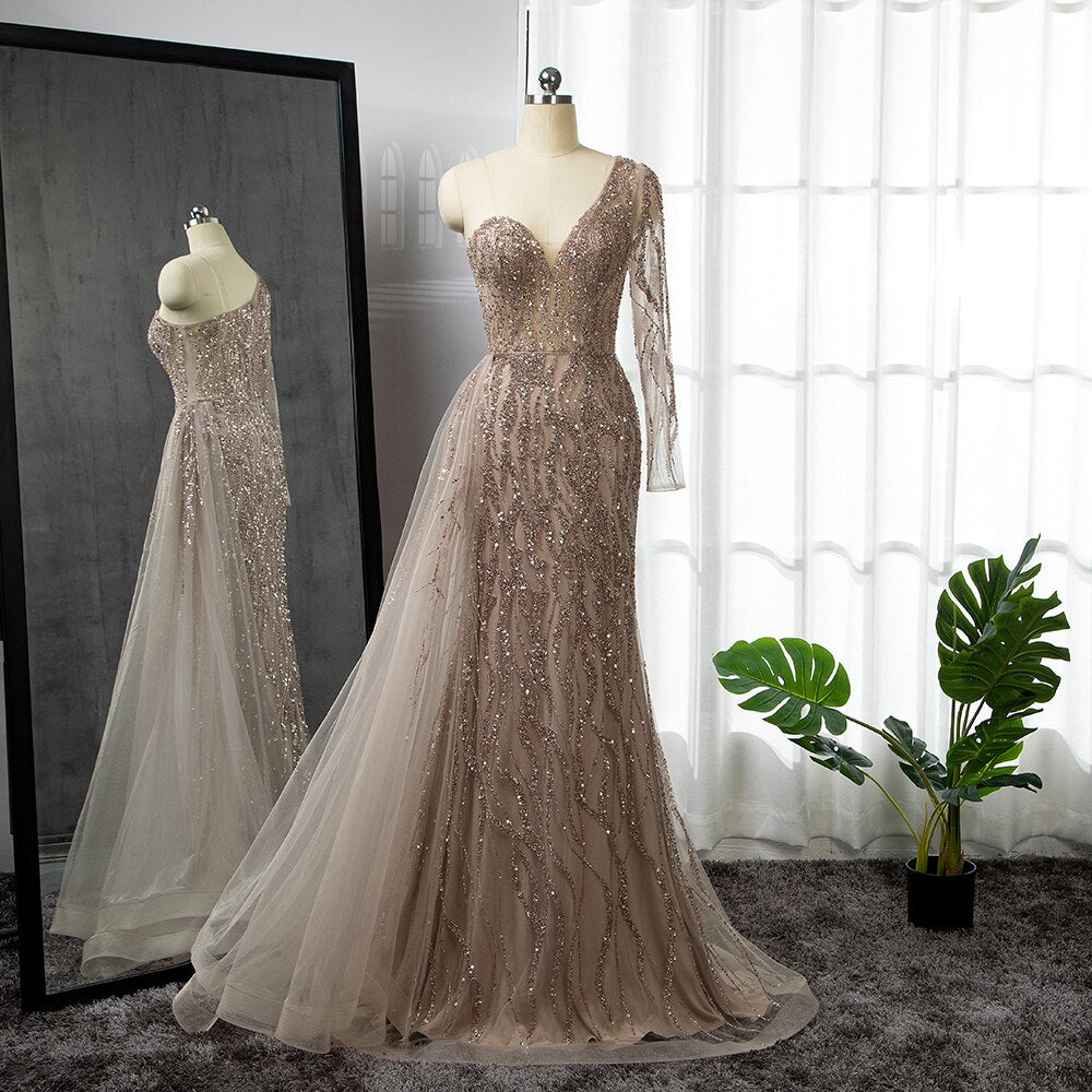 Serene Hill Blue Mermaid Sexy Elegant One Shoulder Evening Dresses Gowns Beaded Luxury 2025 For Women Party LA71629 - SERENE HILL