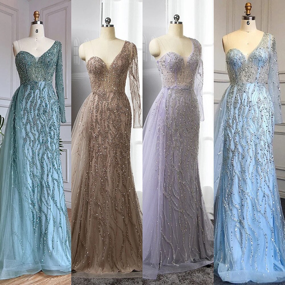 Serene Hill Blue Mermaid Sexy Elegant One Shoulder Evening Dresses Gowns Beaded Luxury 2025 For Women Party LA71629 - SERENE HILL