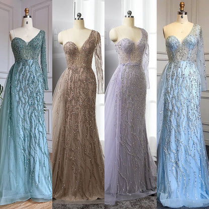 Serene Hill Blue Mermaid Sexy Elegant One Shoulder Evening Dresses Gowns Beaded Luxury 2025 For Women Party LA71629 - SERENE HILL