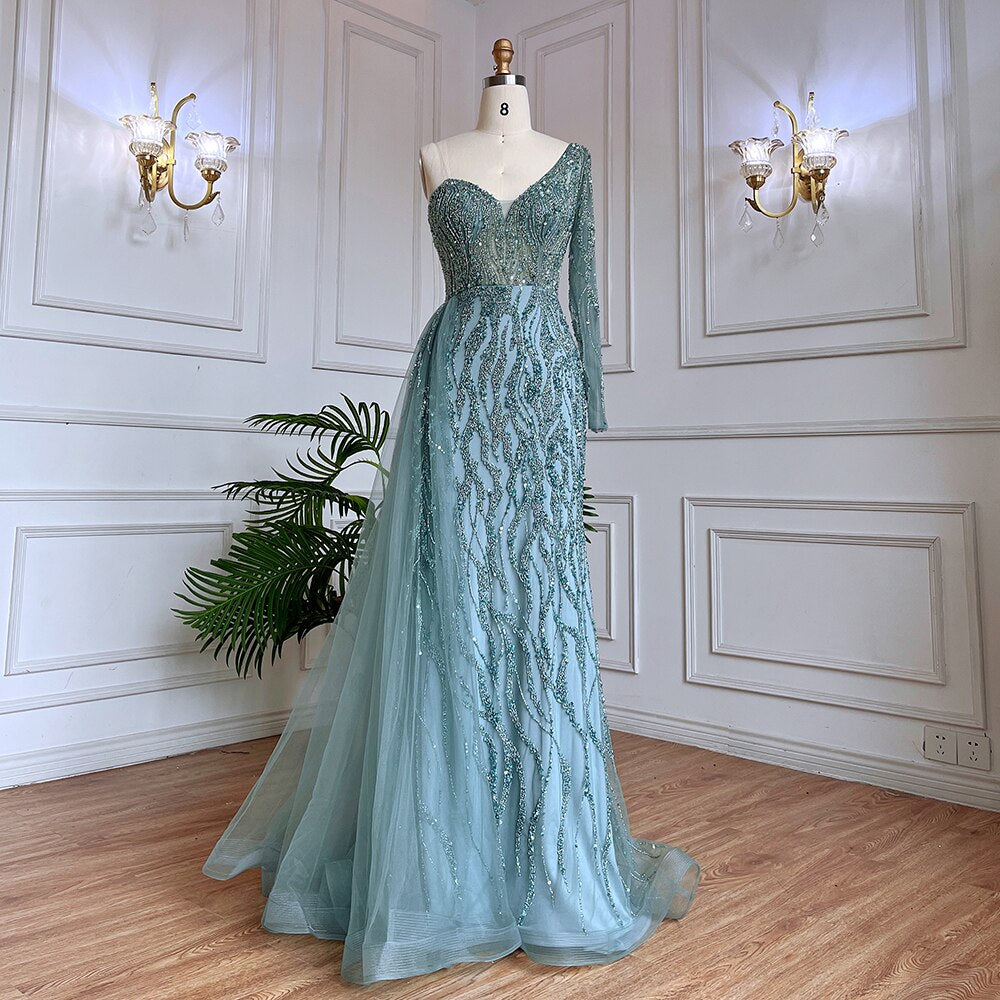 Serene Hill Blue Mermaid Sexy Elegant One Shoulder Evening Dresses Gowns Beaded Luxury 2025 For Women Party LA71629 - SERENE HILL
