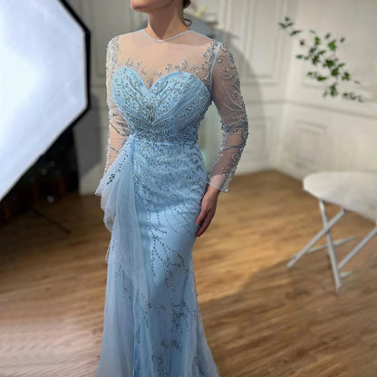 On Sale no return no refundSerene Hill Blue Mermaid Sexy High Split Elegant With Skirt Lace Beaded Evening Dresses Gowns For Women Party LA71781 - SERENE HILL
