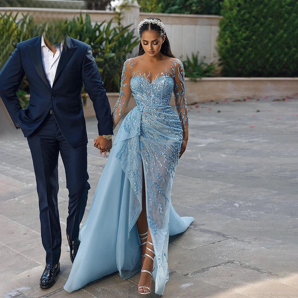 On Sale no return no refundSerene Hill Blue Mermaid Sexy High Split Elegant With Skirt Lace Beaded Evening Dresses Gowns For Women Party LA71781 - SERENE HILL