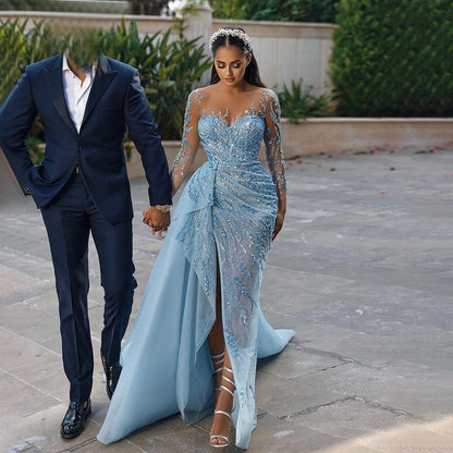 On Sale no return no refundSerene Hill Blue Mermaid Sexy High Split Elegant With Skirt Lace Beaded Evening Dresses Gowns For Women Party LA71781 - SERENE HILL