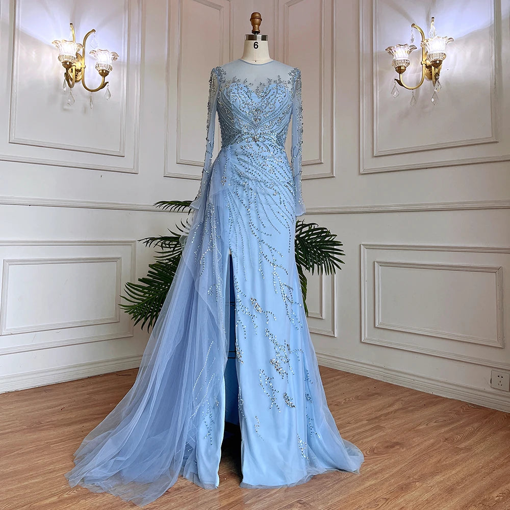 On Sale no return no refundSerene Hill Blue Mermaid Sexy High Split Elegant With Skirt Lace Beaded Evening Dresses Gowns For Women Party LA71781 - SERENE HILL