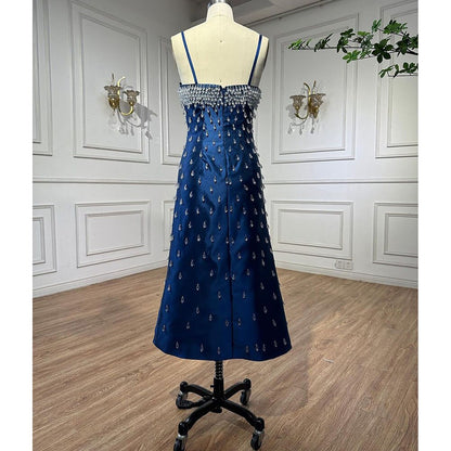 Navy Blue Spaghetti Straps Midi Evening Dress LA71788 - SERENE HILL