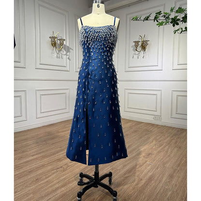 Navy Blue Spaghetti Straps Midi Evening Dress LA71788 - SERENE HILL