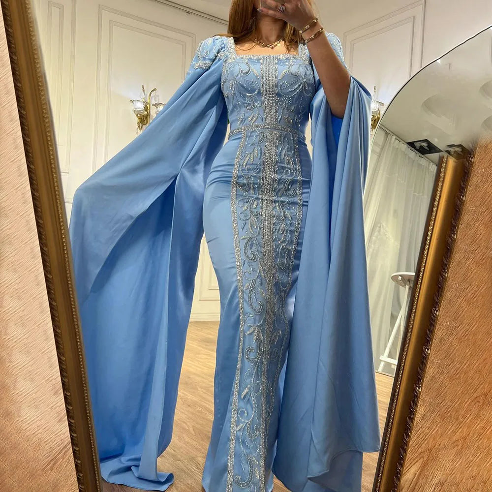 Luxury Blue Mermaid Muslim Evening Dresses with Cape Sleeves LA72050   SERENE HILL