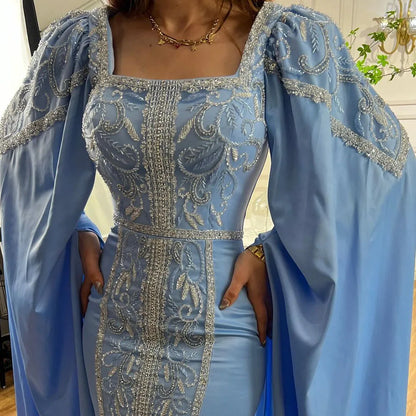 Luxury Blue Mermaid Muslim Evening Dresses with Cape Sleeves LA72050 - SERENE HILL