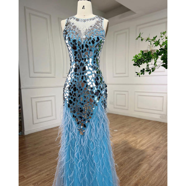 Serene Hill Blue O-neck Tank Sleeveless Feathers Mermaid Evening Dresses Elegant Formal Party Gowns For Women 2025 LA72081