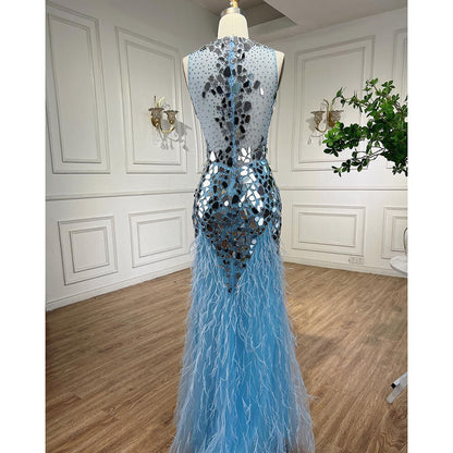 Serene Hill Blue O-neck Tank Sleeveless Feathers Mermaid Evening Dresses Elegant Formal Party Gowns For Women 2025 LA72081 - SERENE HILL
