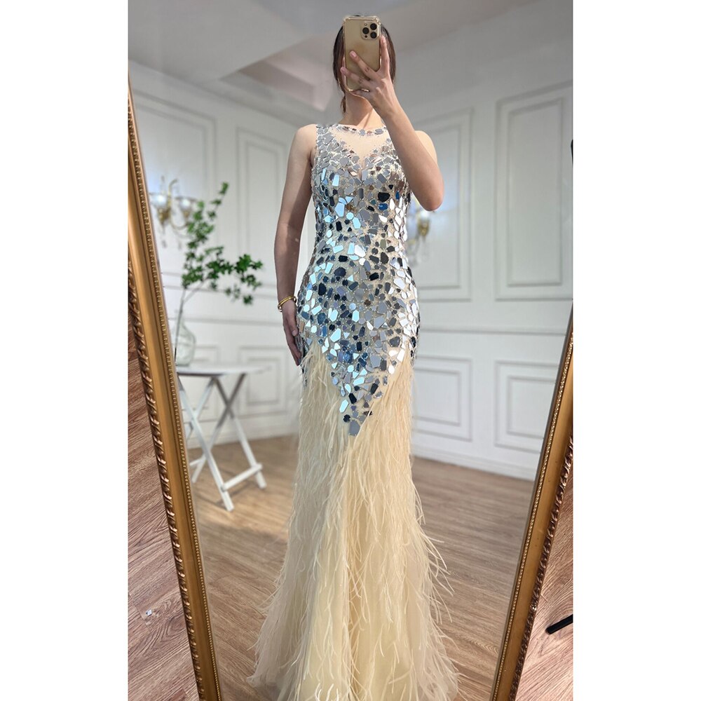 Serene Hill Blue O-neck Tank Sleeveless Feathers Mermaid Evening Dresses Elegant Formal Party Gowns For Women 2025 LA72081 - SERENE HILL