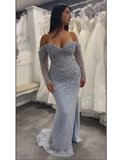 Luxury Dubai Blue Beaded Mermaid Evening Dresses Formal Party Gowns LA72885 - SERENE HILL