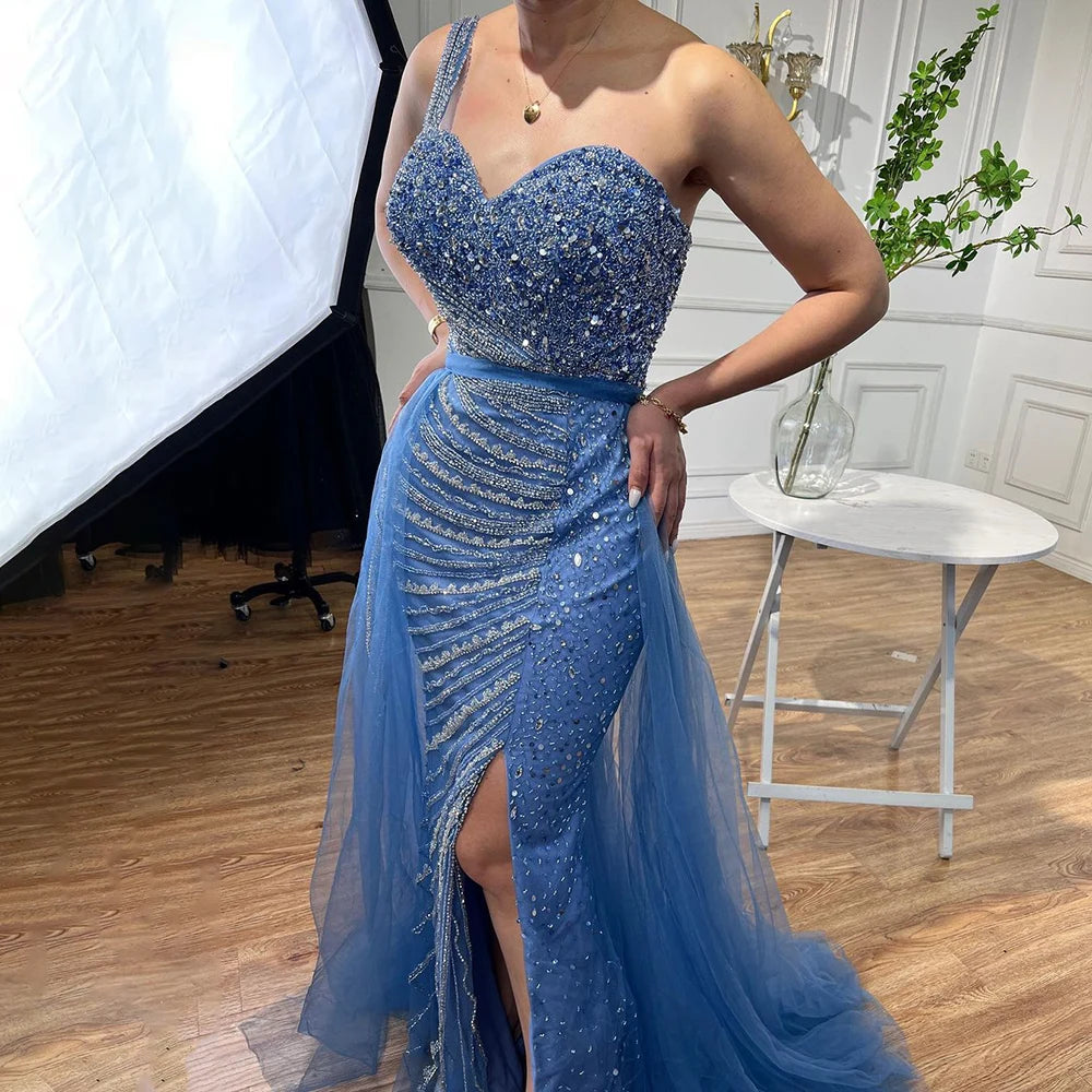 Serene Hill Blue One Shoulder High Split Mermaid Elegant Beaded With Overskirt Evening Dresses Gowns For Women Party LA71825 - SERENE HILL
