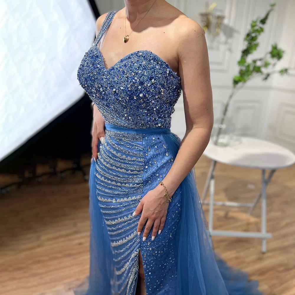 Serene Hill Blue One Shoulder High Split Mermaid Elegant Beaded With Overskirt Evening Dresses Gowns For Women Party LA71825 - SERENE HILL