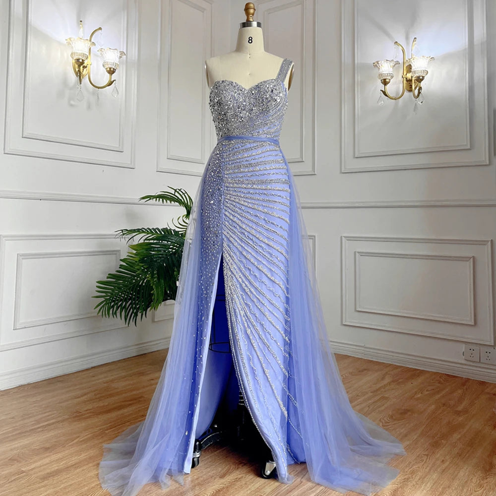 Serene Hill Blue One Shoulder High Split Mermaid Elegant Beaded With Overskirt Evening Dresses Gowns For Women Party LA71825 - SERENE HILL