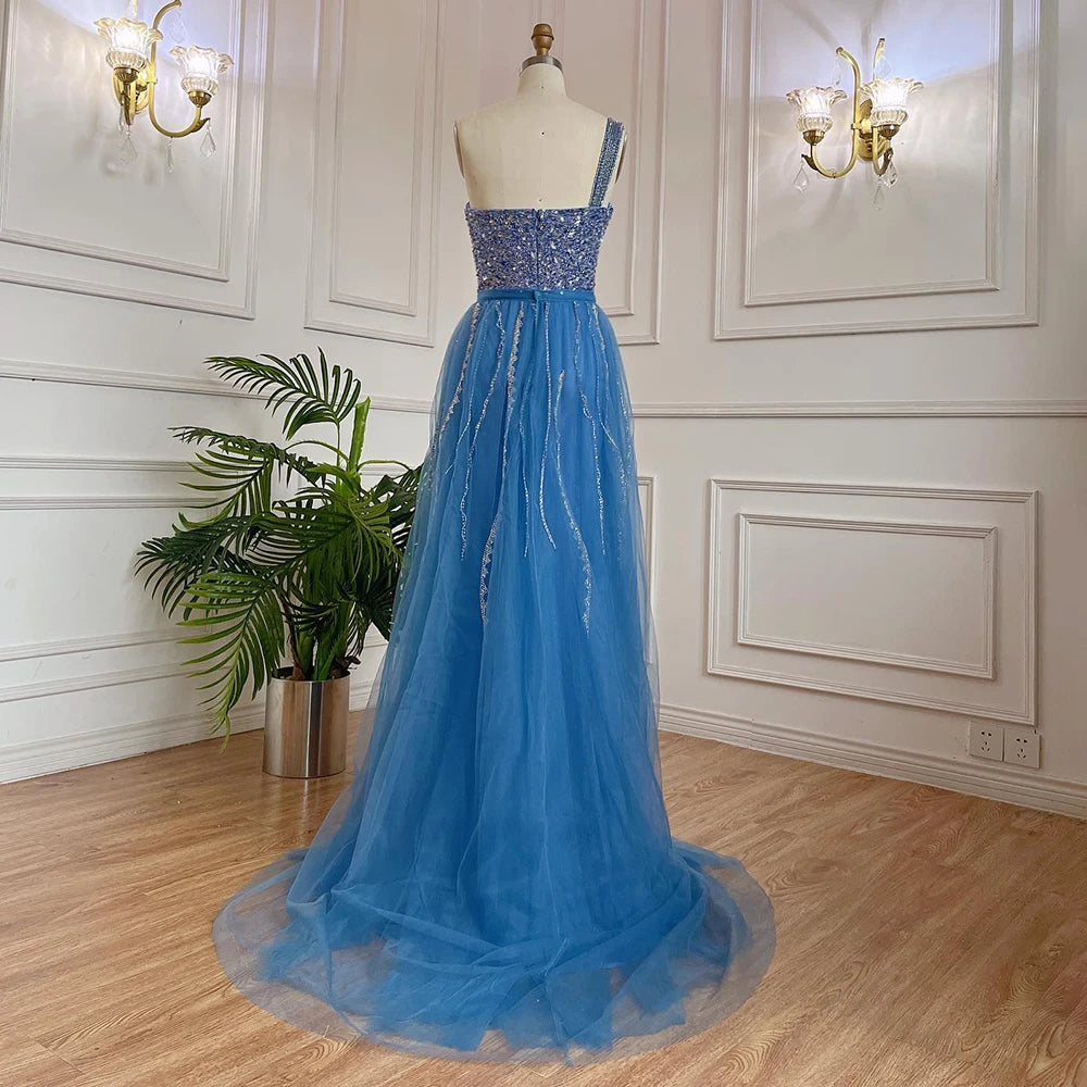 Serene Hill Blue One Shoulder High Split Mermaid Elegant Beaded With Overskirt Evening Dresses Gowns For Women Party LA71825 - SERENE HILL