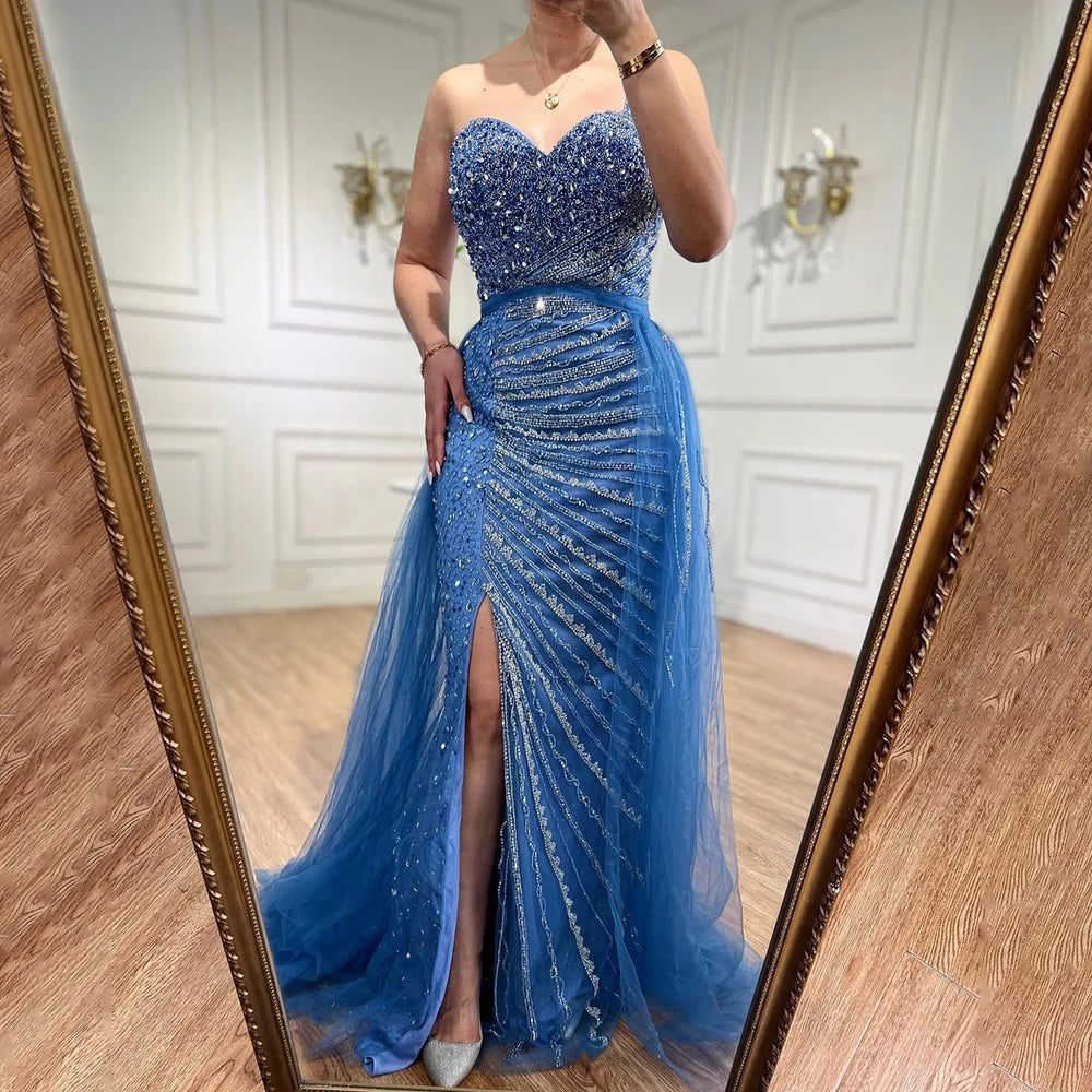 Serene Hill Blue One Shoulder High Split Mermaid Elegant Beaded With Overskirt Evening Dresses Gowns For Women Party LA71825 - SERENE HILL