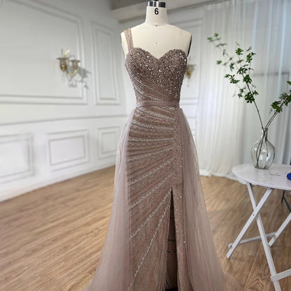 Serene Hill Blue One Shoulder High Split Mermaid Elegant Beaded With Overskirt Evening Dresses Gowns For Women Party LA71825 - SERENE HILL
