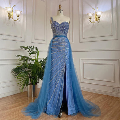 Serene Hill Blue One Shoulder High Split Mermaid Elegant Beaded With Overskirt Evening Dresses Gowns For Women Party LA71825 - SERENE HILL