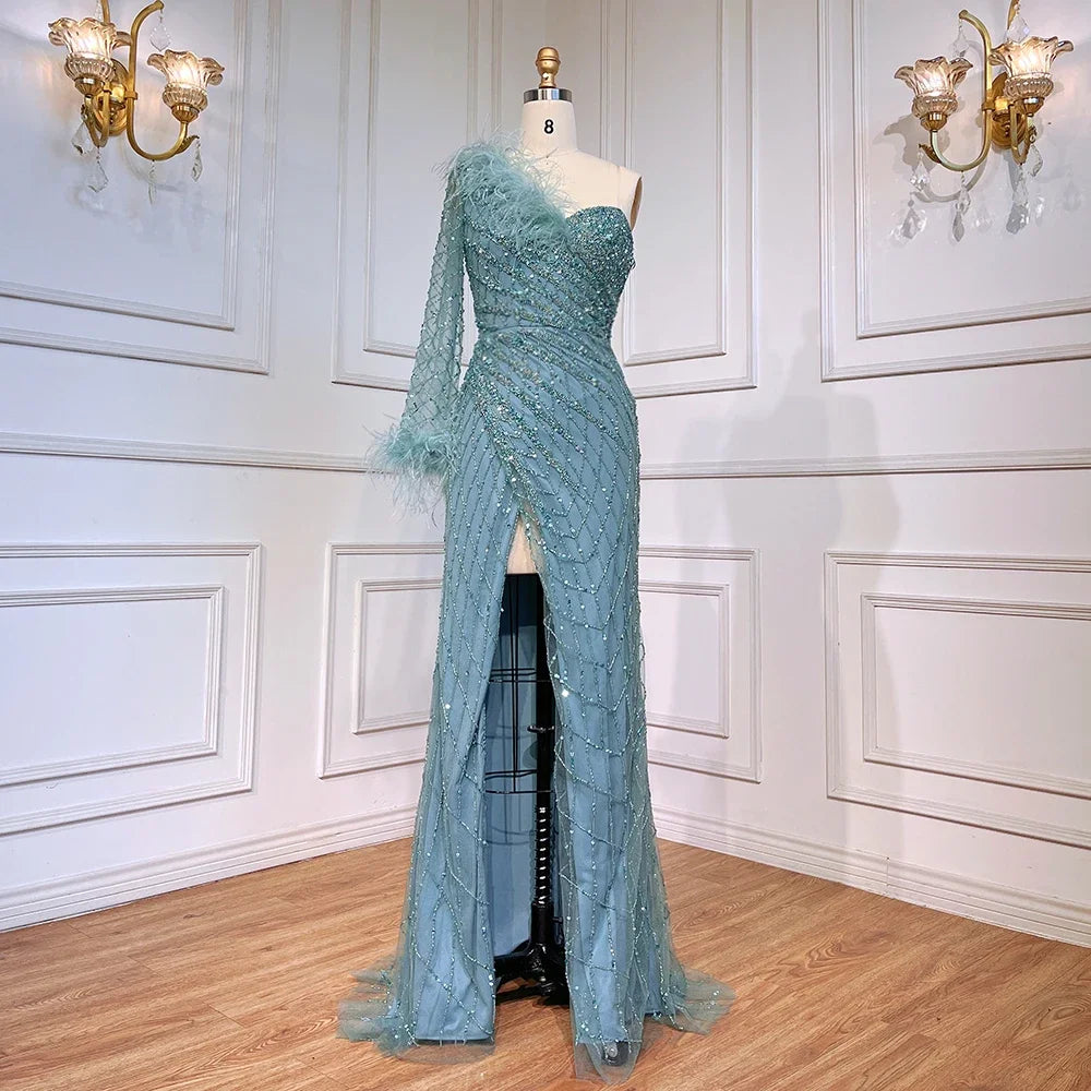 Serene Hill Blue One Shoulder Mermaid Evening Dresses Gowns Beaded Feather Elegant Luxury 2025 For Women Party LA71612 - SERENE HILL