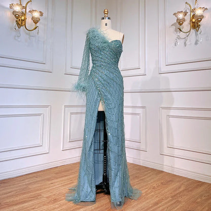 Serene Hill Blue One Shoulder Mermaid Evening Dresses Gowns Beaded Feather Elegant Luxury 2025 For Women Party LA71612 - SERENE HILL