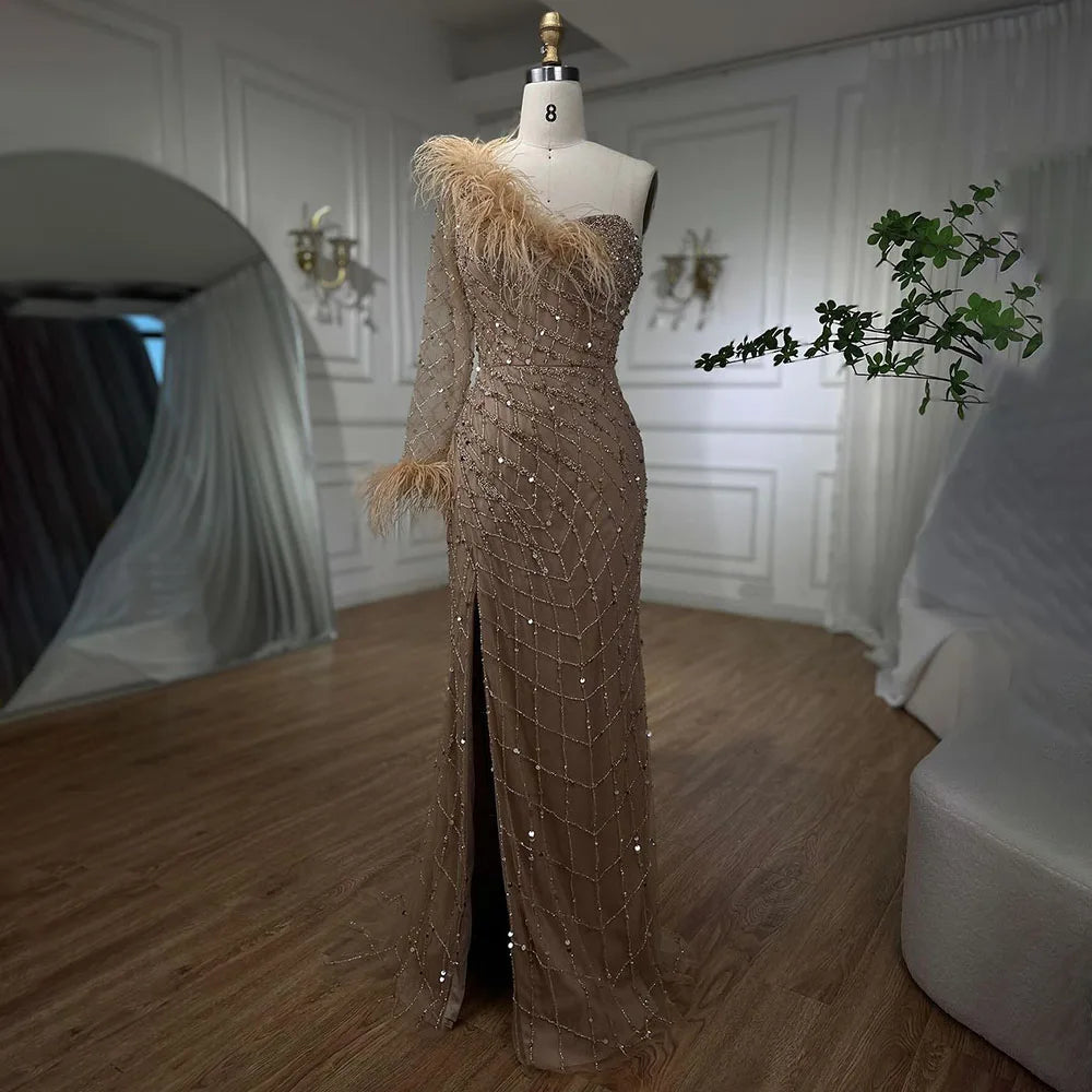 Serene Hill Blue One Shoulder Mermaid Evening Dresses Gowns Beaded Feather Elegant Luxury 2025 For Women Party LA71612 - SERENE HILL