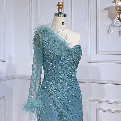 Serene Hill Blue One Shoulder Mermaid Evening Dresses Gowns Beaded Feather Elegant Luxury 2025 For Women Party LA71612 - SERENE HILL