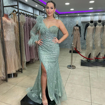Serene Hill Blue One Shoulder Mermaid Evening Dresses Gowns Beaded Feather Elegant Luxury 2025 For Women Party LA71612 - SERENE HILL