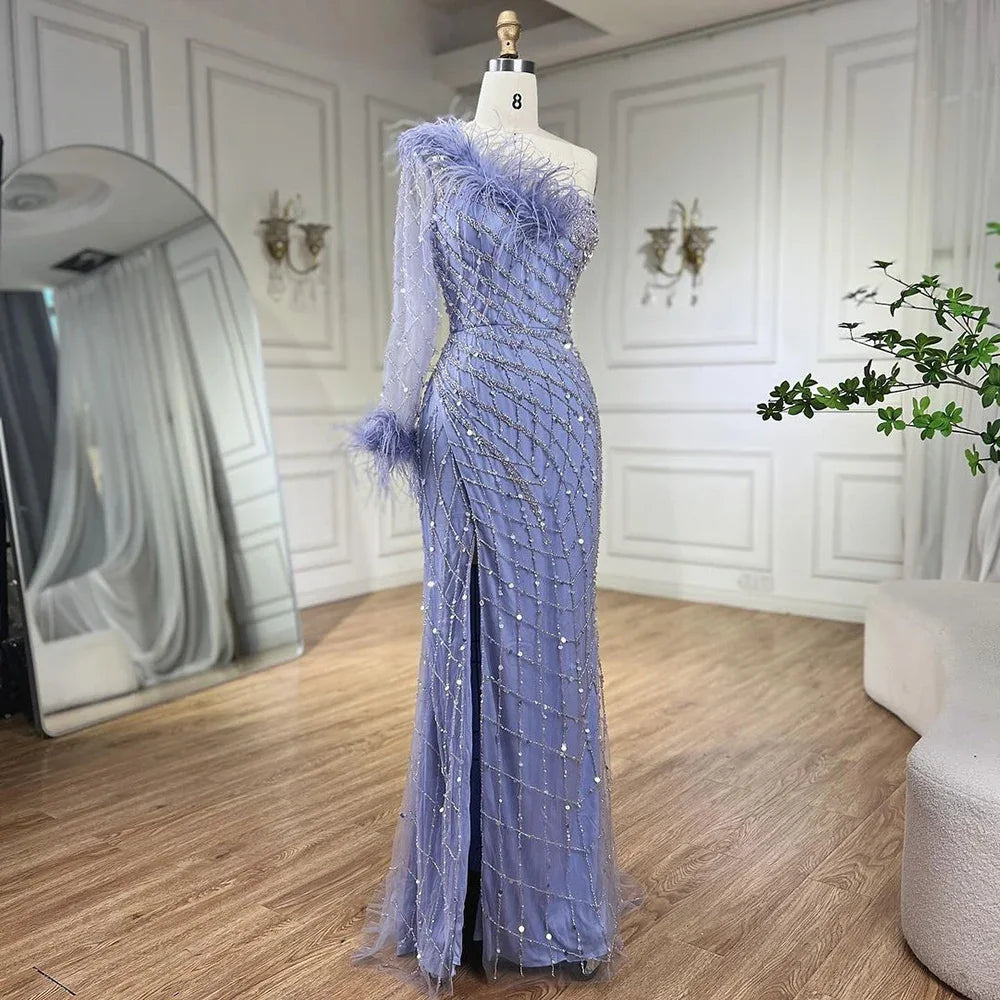 Serene Hill Blue One Shoulder Mermaid Evening Dresses Gowns Beaded Feather Elegant Luxury 2025 For Women Party LA71612 - SERENE HILL