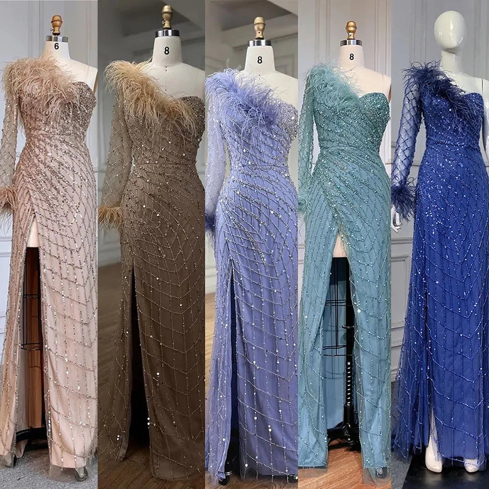 Serene Hill Blue One Shoulder Mermaid Evening Dresses Gowns Beaded Feather Elegant Luxury 2025 For Women Party LA71612 - SERENE HILL