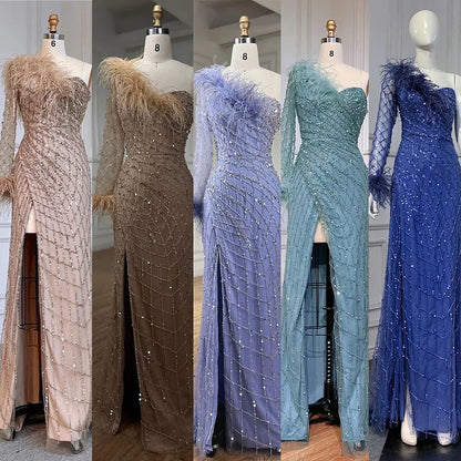 Serene Hill Blue One Shoulder Mermaid Evening Dresses Gowns Beaded Feather Elegant Luxury 2025 For Women Party LA71612 - SERENE HILL