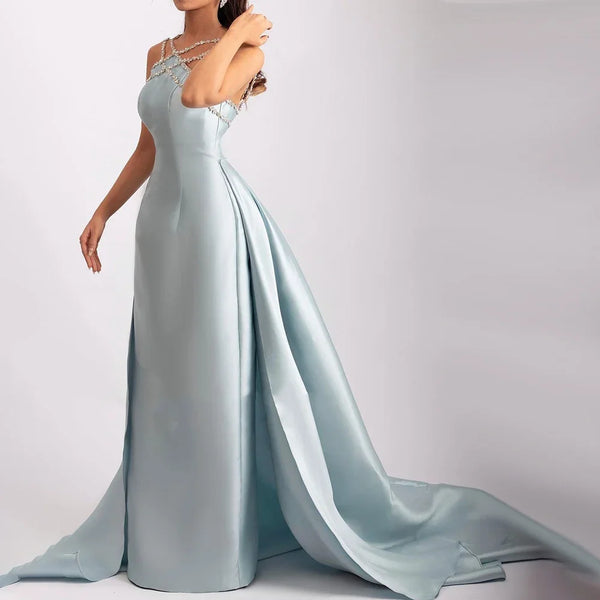 Elegant Light Blue Satin Evening Dress with Overskirt LA72524