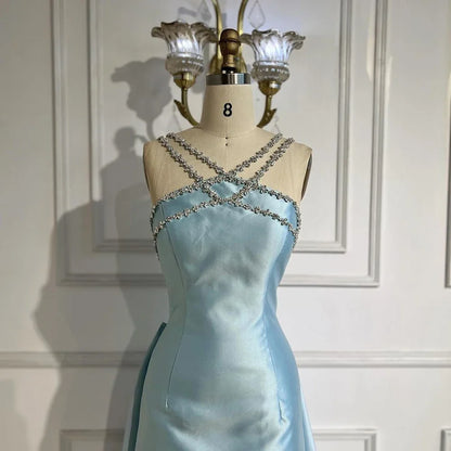 Elegant Light Blue Satin Evening Dress with Overskirt LA72524 - SERENE HILL