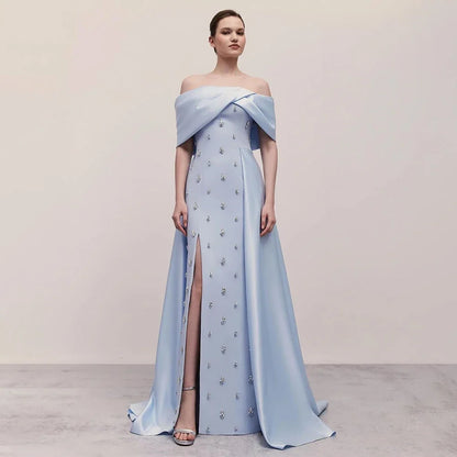 Serene Hill Blue Satin Simple Elegant High Split Mermaid Boat Neck Beaded Evening Dresses Gowns for Women Party 2025 LA72458 - SERENE HILL