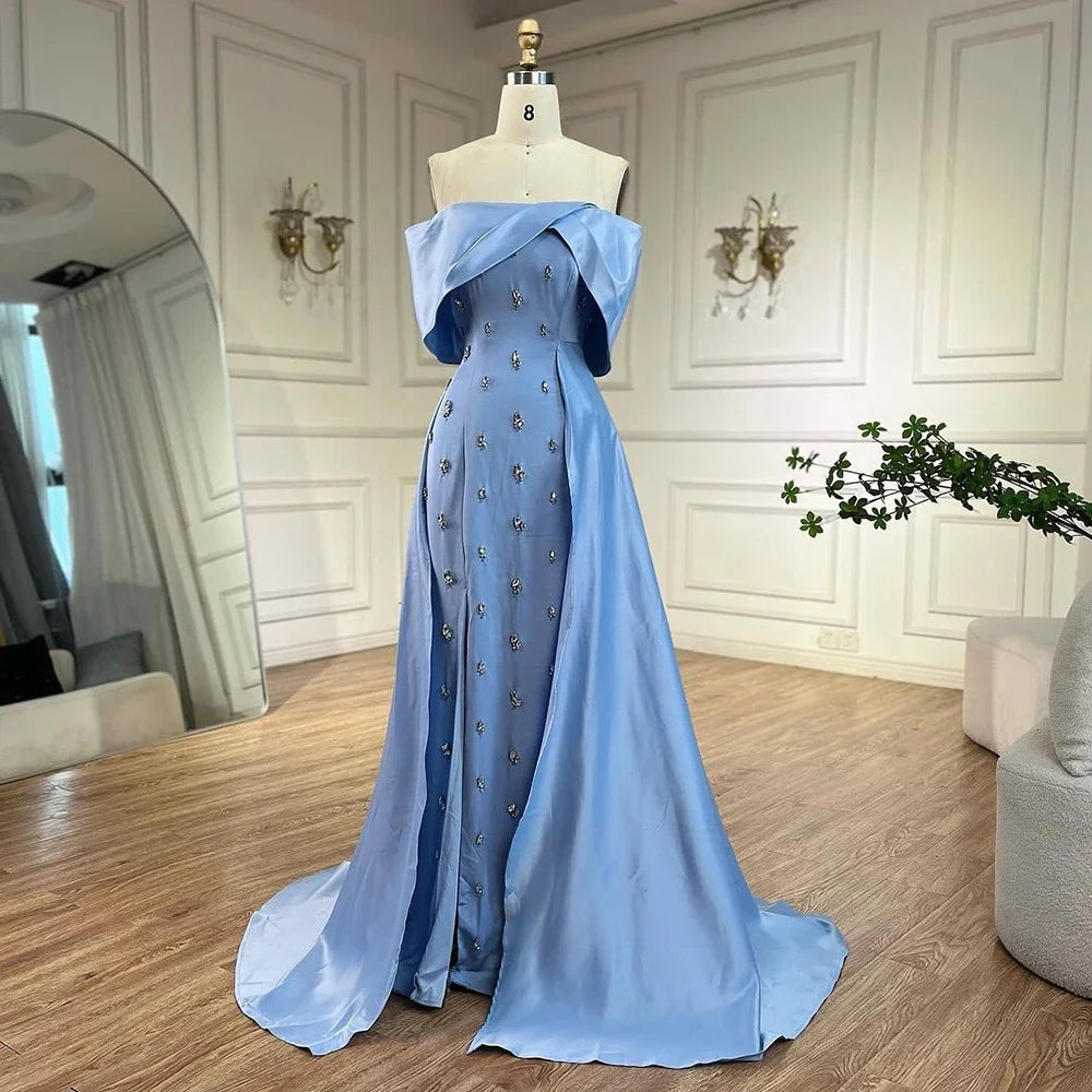 Serene Hill Blue Satin Simple Elegant High Split Mermaid Boat Neck Beaded Evening Dresses Gowns for Women Party 2025 LA72458 - SERENE HILL