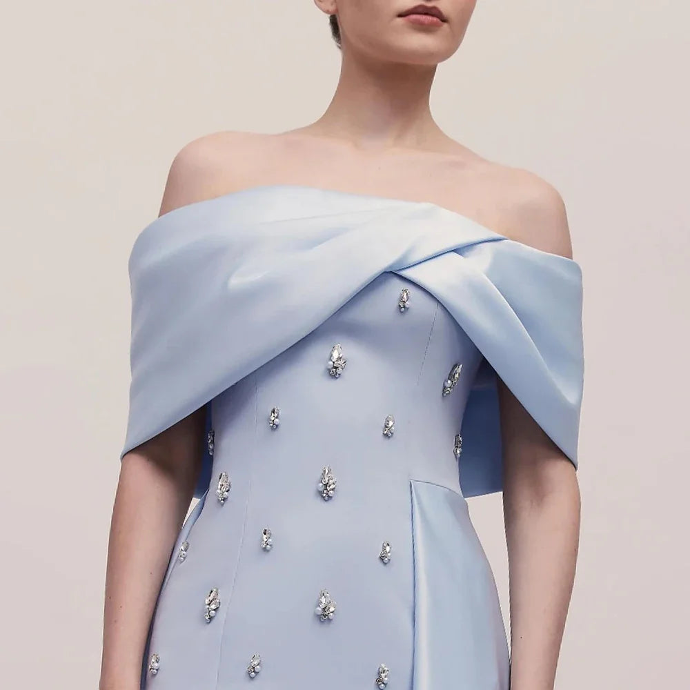 Serene Hill Blue Satin Simple Elegant High Split Mermaid Boat Neck Beaded Evening Dresses Gowns for Women Party 2025 LA72458 - SERENE HILL