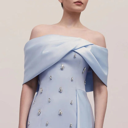 Serene Hill Blue Satin Simple Elegant High Split Mermaid Boat Neck Beaded Evening Dresses Gowns for Women Party 2025 LA72458 - SERENE HILL