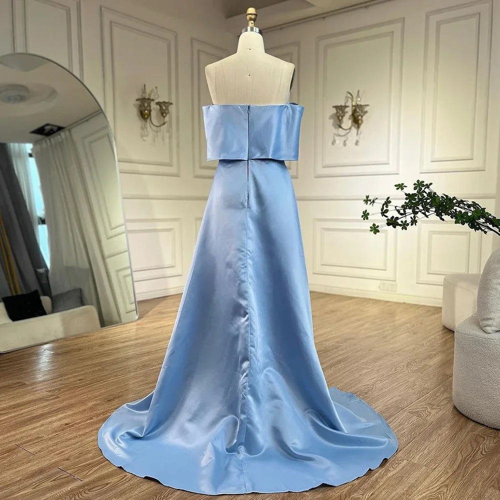 Serene Hill Blue Satin Simple Elegant High Split Mermaid Boat Neck Beaded Evening Dresses Gowns for Women Party 2025 LA72458 - SERENE HILL