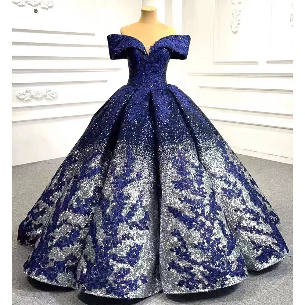 Serene Hill Blue Sexy Off Shoulder Luxury Beaded Sequined Up Bride Gowns Wedding Dress 2025 High End Custom Made HM66536B - SERENE HILL