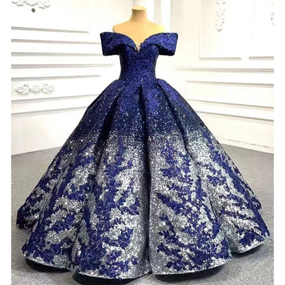 Serene Hill Blue Sexy Off Shoulder Luxury Beaded Sequined Up Bride Gowns Wedding Dress 2025 High End Custom Made HM66536B - SERENE HILL