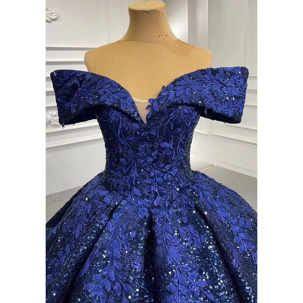 Serene Hill Blue Sexy Off Shoulder Luxury Beaded Sequined Up Bride Gowns Wedding Dress 2025 High End Custom Made HM66536B - SERENE HILL