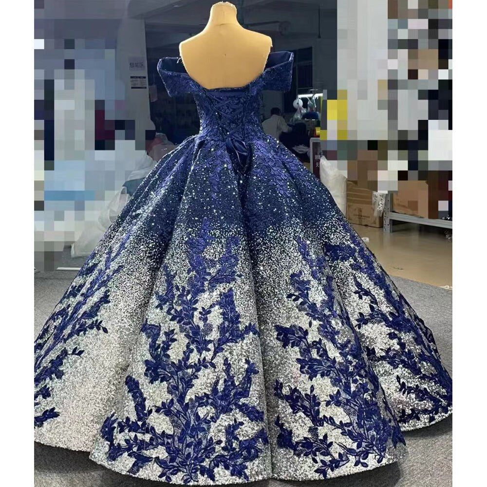 Serene Hill Blue Sexy Off Shoulder Luxury Beaded Sequined Up Bride Gowns Wedding Dress 2025 High End Custom Made HM66536B - SERENE HILL