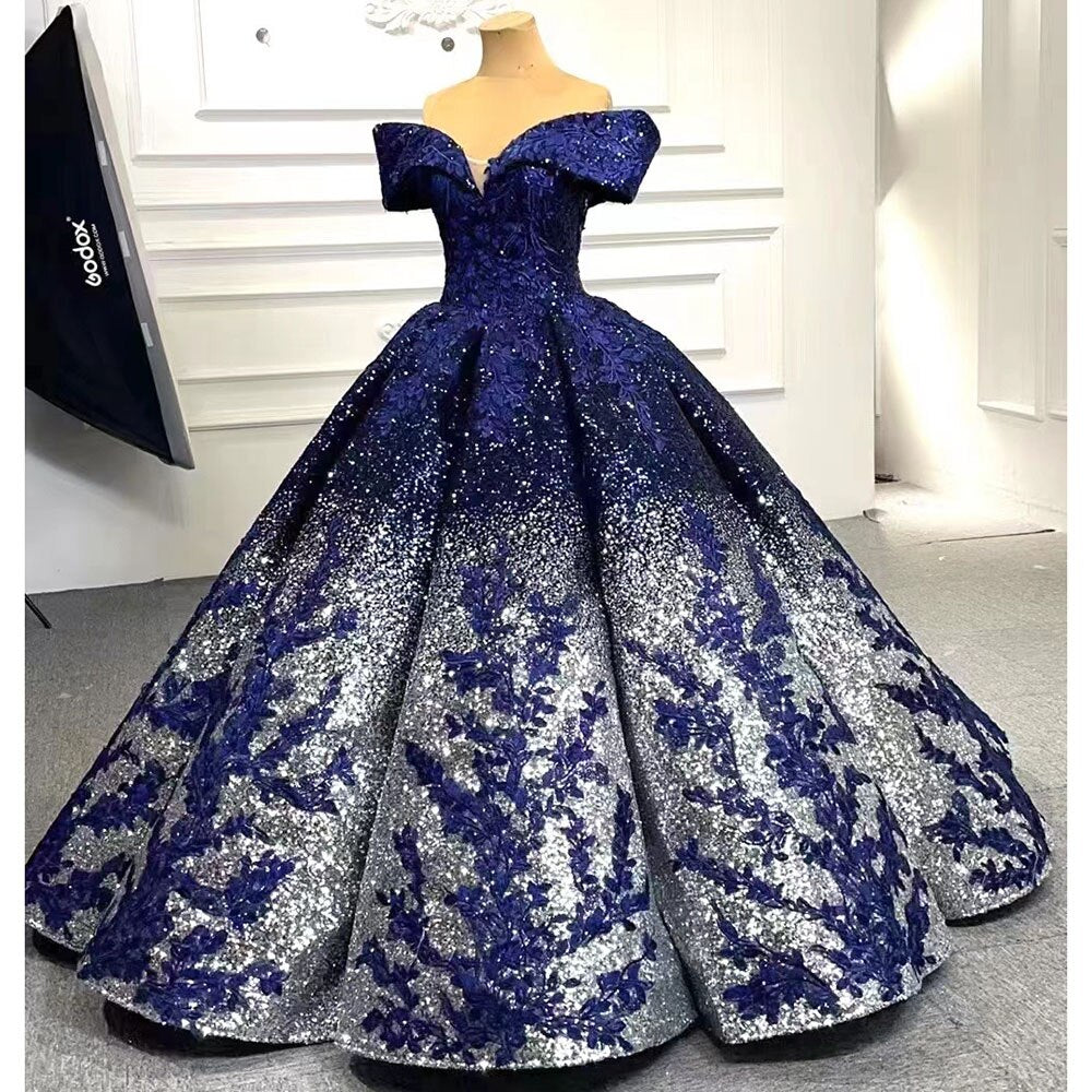 Serene Hill Blue Sexy Off Shoulder Luxury Beaded Sequined Up Bride Gowns Wedding Dress 2025 High End Custom Made HM66536B - SERENE HILL