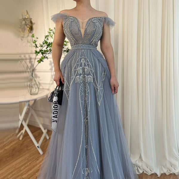 Serene Hill Blue Sexy Spaghetti Straps A Line Beaded Arabic Luxury Evening Dresses Gowns 2025 For Women Party LA71850