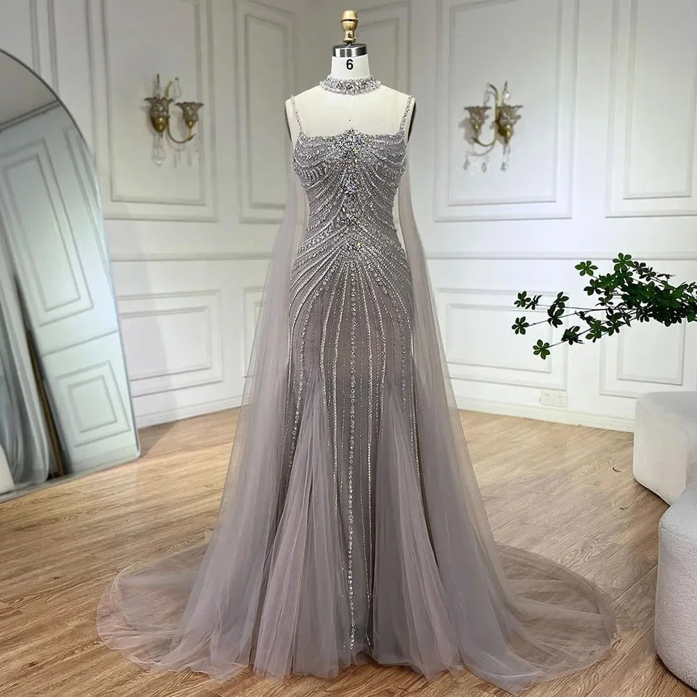 Serene Hill Blue Spaghetti Strap Long Cloak Mermaid Beaded Lace up Luxury Evening Dresses Gowns for Women Wedding Party LA72440 - SERENE HILL
