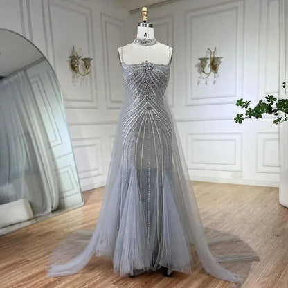 Serene Hill Blue Spaghetti Strap Long Cloak Mermaid Beaded Lace up Luxury Evening Dresses Gowns for Women Wedding Party LA72440 - SERENE HILL