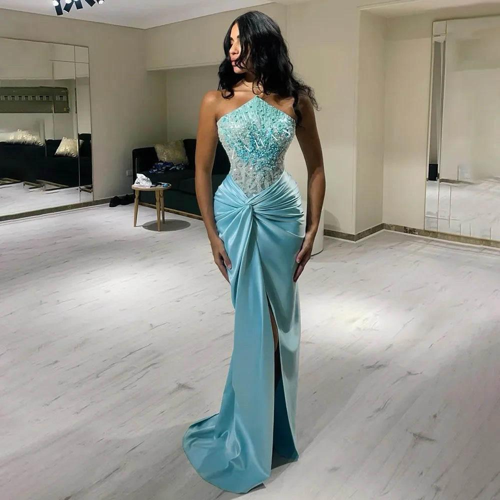 Serene Hill Blue Split Mermaid Luxury Beaded Arabic Dubai Evening Dresses Gowns for Women Wedding Party LA72572 - SERENE HILL