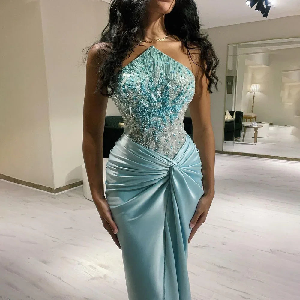 Serene Hill Blue Split Mermaid Luxury Beaded Arabic Dubai Evening Dresses Gowns for Women Wedding Party LA72572 - SERENE HILL