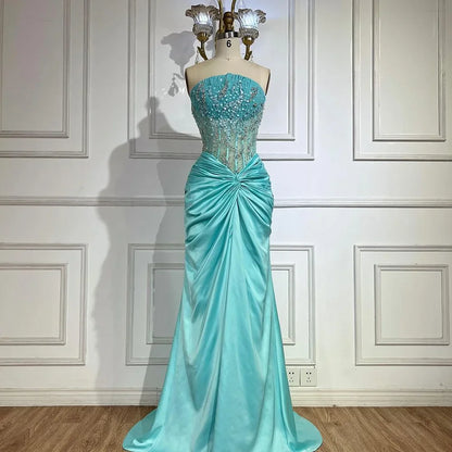 Serene Hill Blue Split Mermaid Luxury Beaded Arabic Dubai Evening Dresses Gowns for Women Wedding Party LA72572 - SERENE HILL