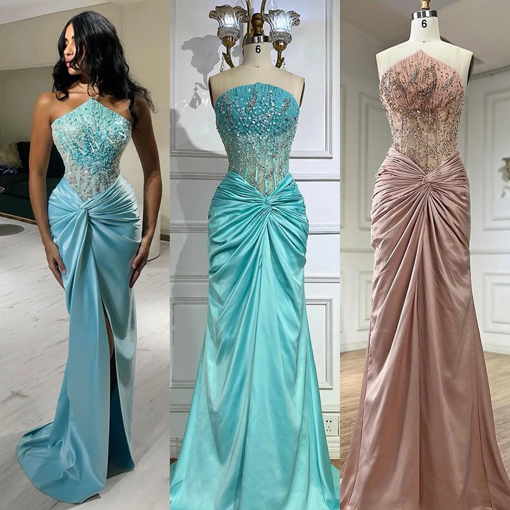 Serene Hill Blue Split Mermaid Luxury Beaded Arabic Dubai Evening Dresses Gowns for Women Wedding Party LA72572 - SERENE HILL